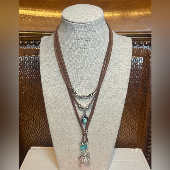 Jewelry - Bohemian Brown and Silver Necklace with Turquoise Accents